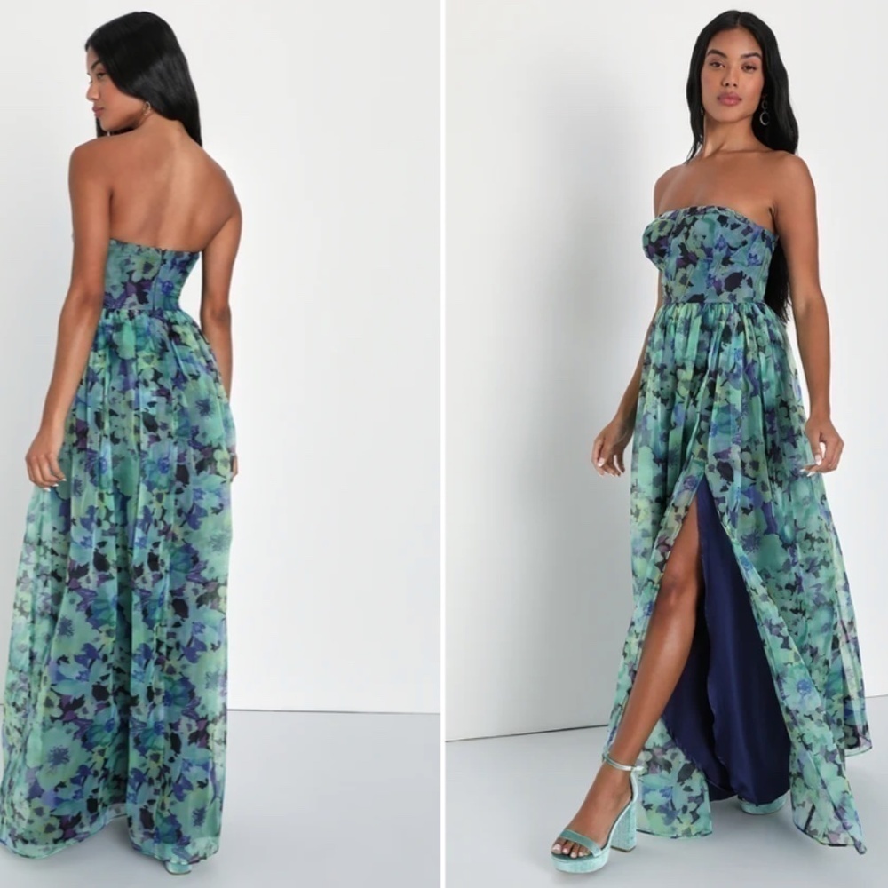 LULU's Floral Sexy Flowy Romantic Prom Wedding Chic Bustier Maxi Dress - Picture 2 of 3